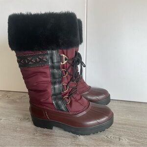 Sorel Winter Boots-Burgundy Mid-Calf-Leather details Faux-Fur Cuff size 5